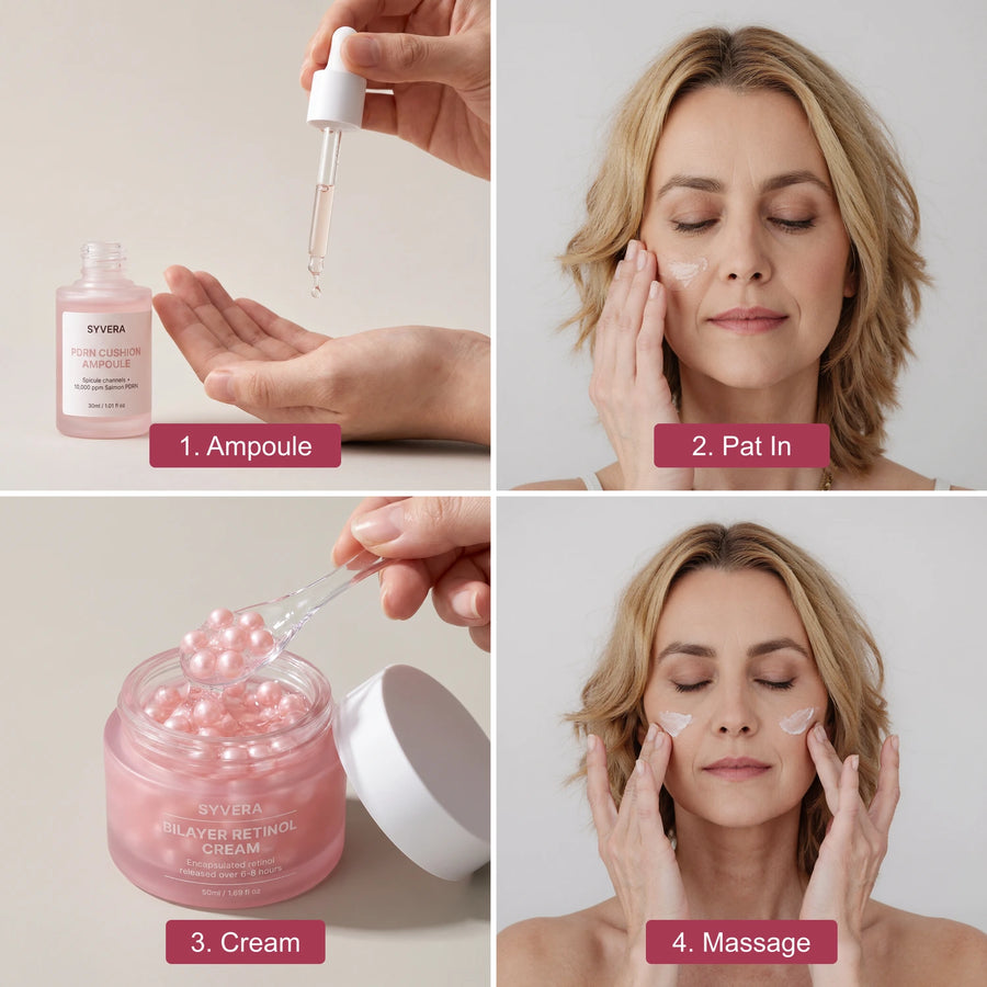 Application sequence · Step 1 Press Ampoule · Step 2 Pat In · Step 3 Layer Cream · Step 4 Massage In · SYVERA Deep Capsule 3-Signal Protocol · demonstrated by Maya Henriksen