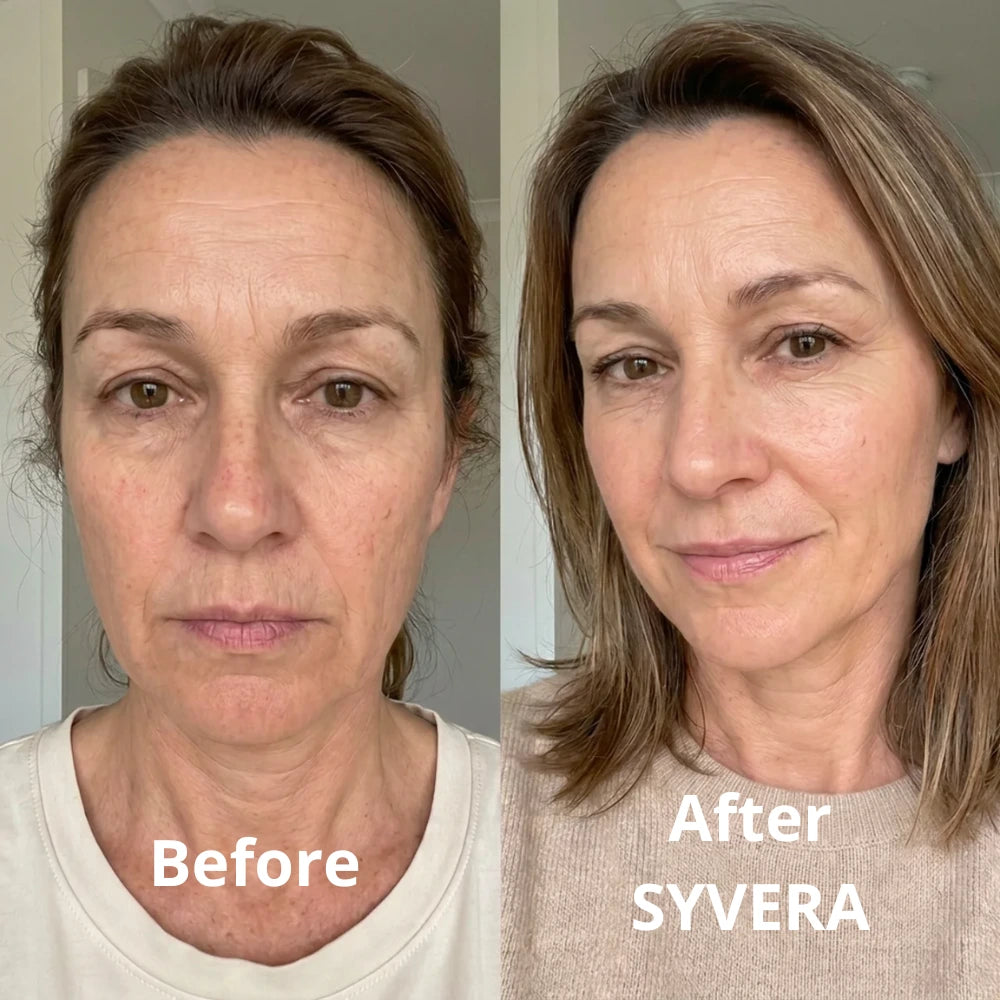 Catherine R., 44 · Before / After SYVERA · Day 0 to Day 90 transformation