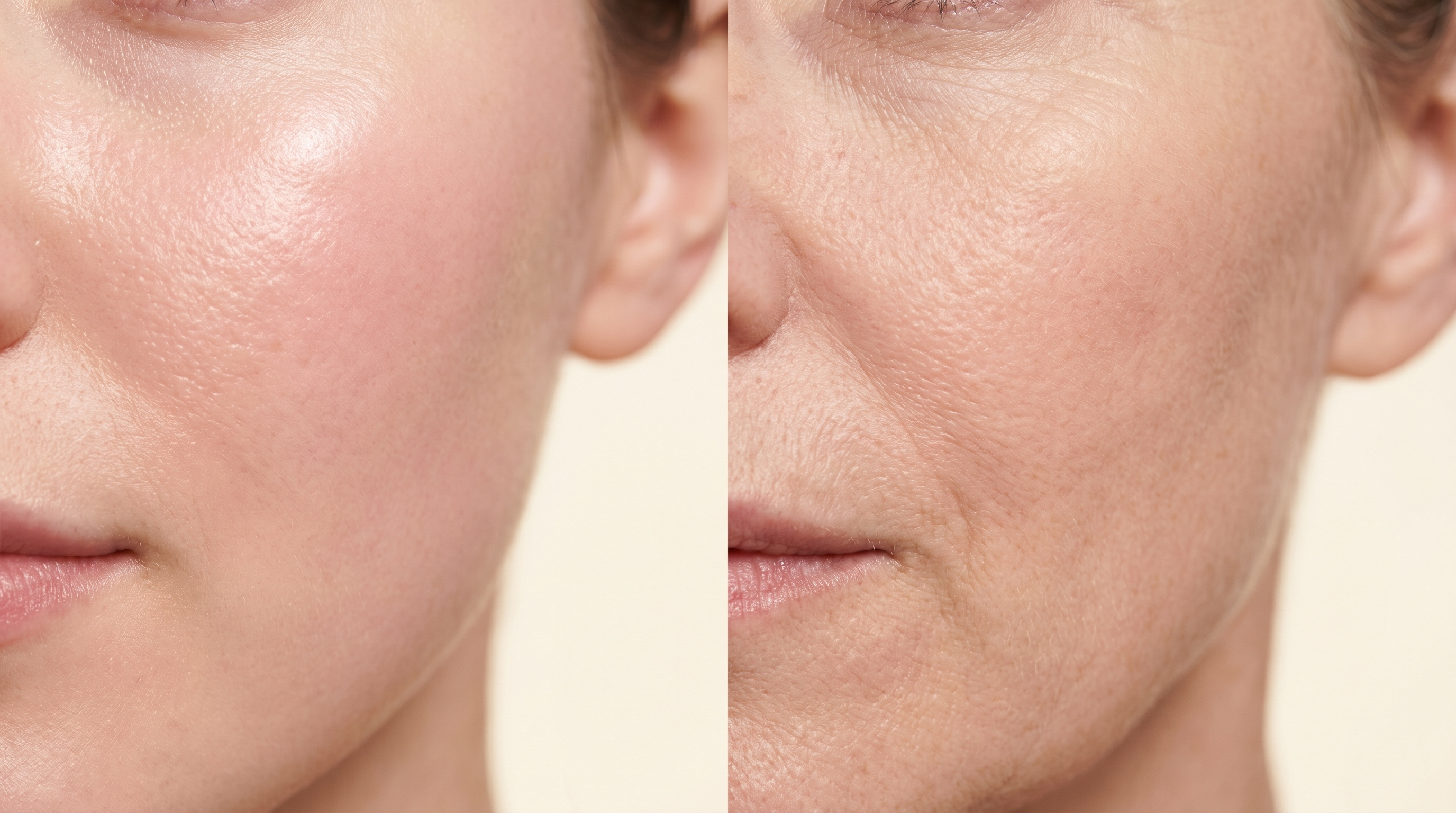 Editorial macro photography comparison · healthy skin at twenty-eight versus mature skin at forty-eight