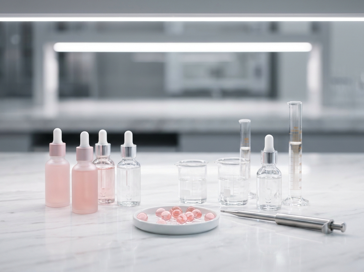 Korean cosmetic-chemistry laboratory · dropper bottles, beakers, graduated cylinder and pink capsule pearls on a marble bench