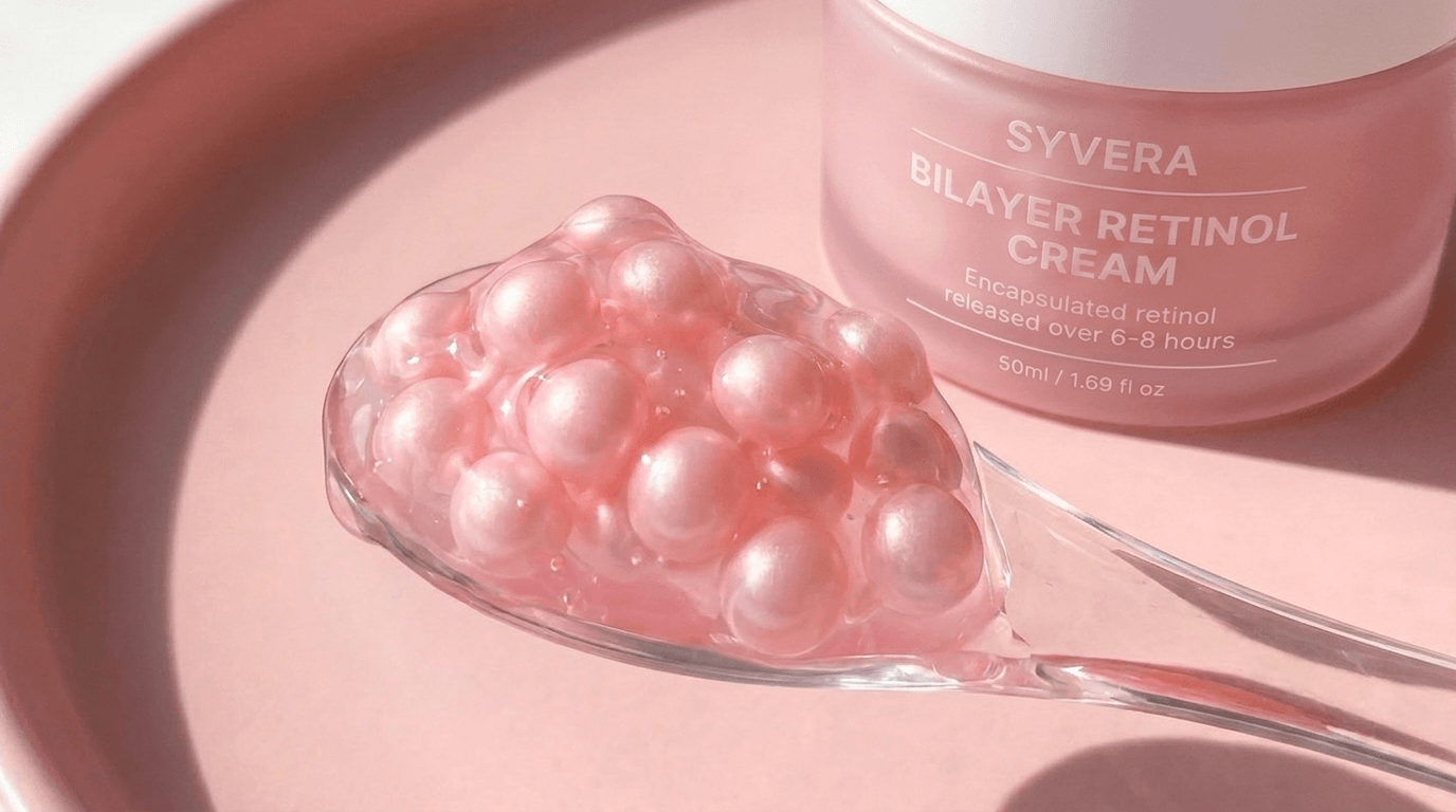 Macro photography of pink encapsulated-retinol capsules on a spoon beside the SYVERA Bilayer Retinol Cream jar