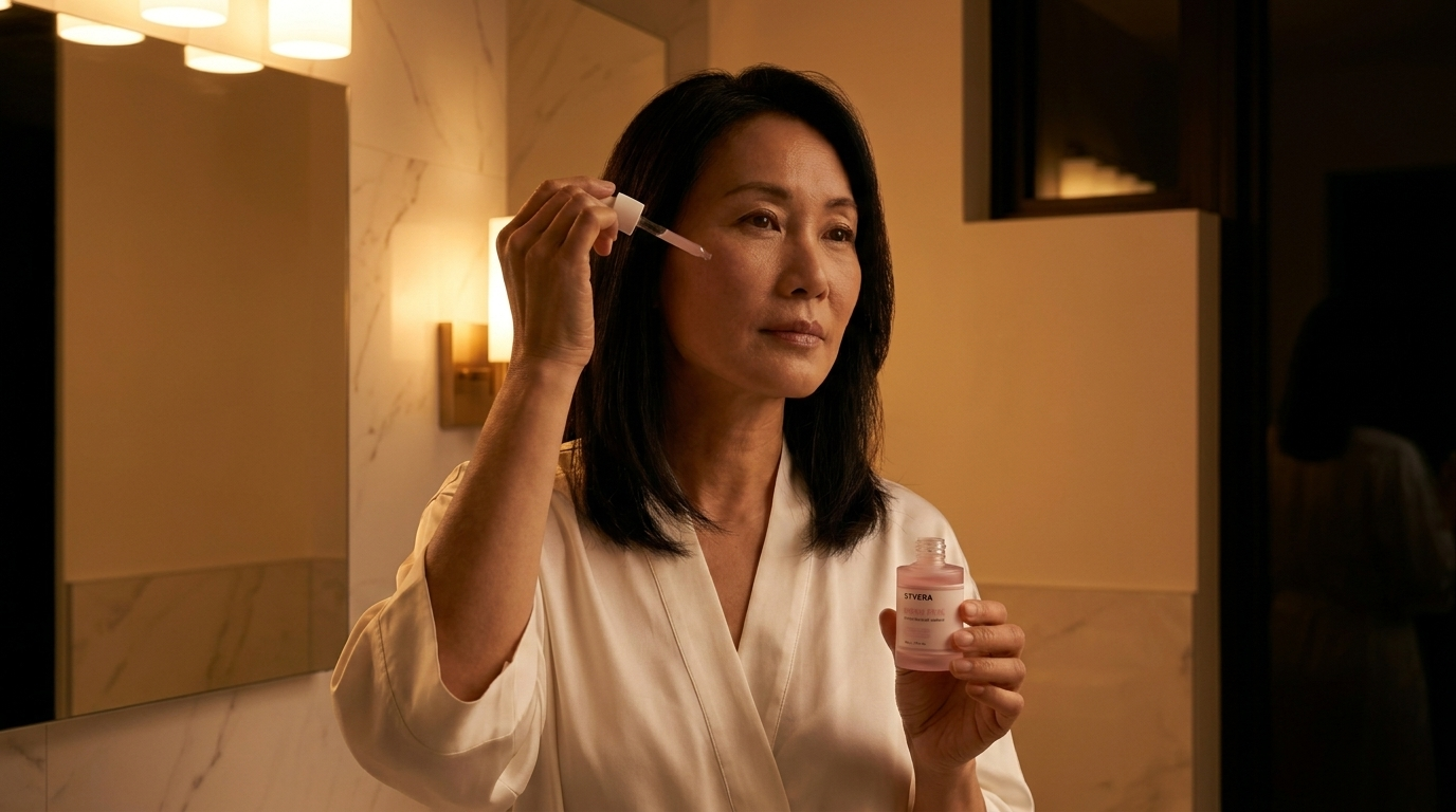 Woman applying the SYVERA PDRN Cushion Ampoule with a dropper in a warmly lit bathroom, holding the bottle